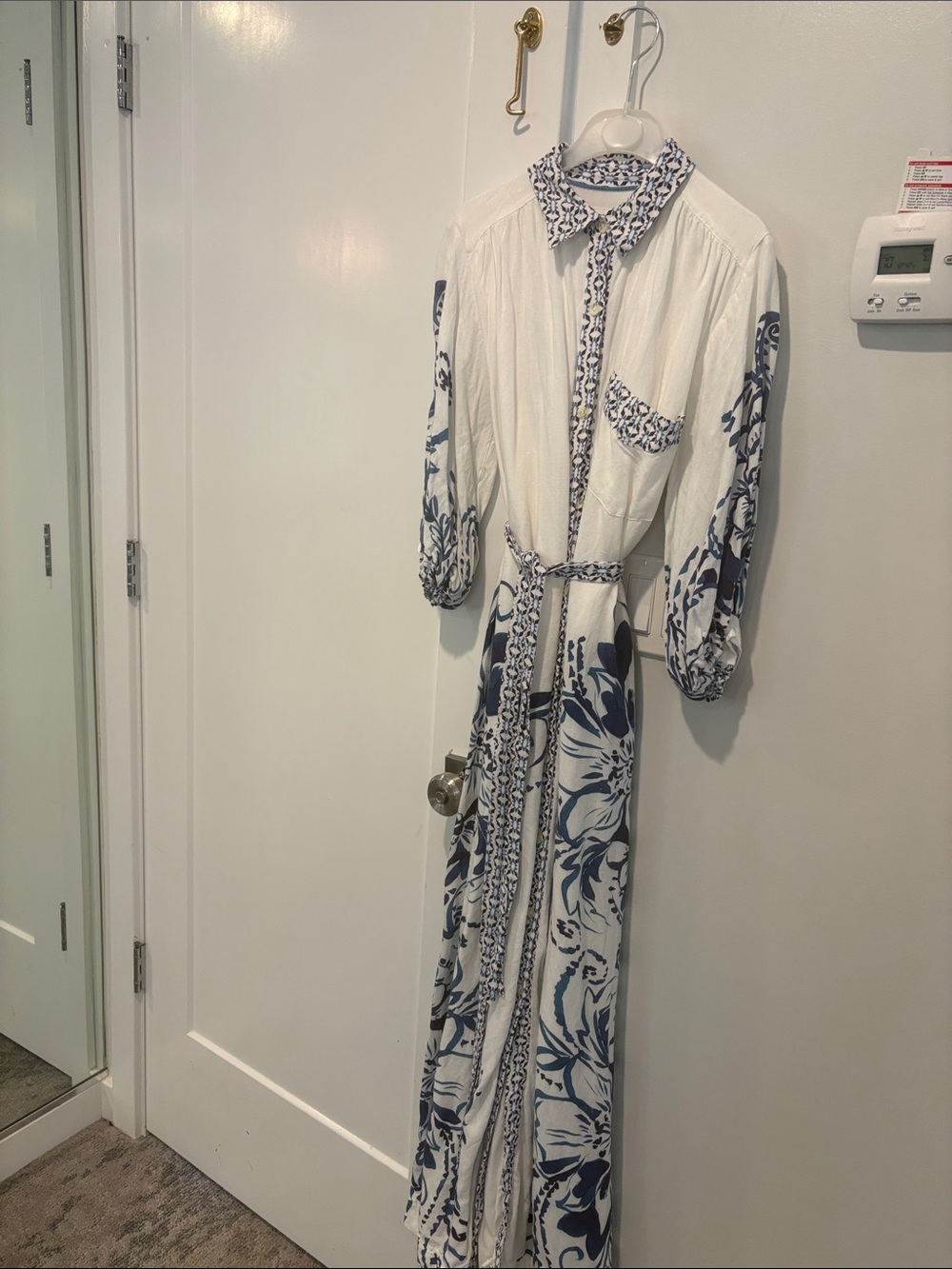 Anthropologie White and Navy Floral Button-Front Maxi Dress